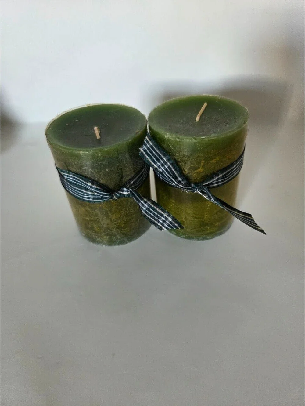 Pier 1 Holiday Forest Scented Candles Set of 2 Green Pillars with Plaid Ribbon
